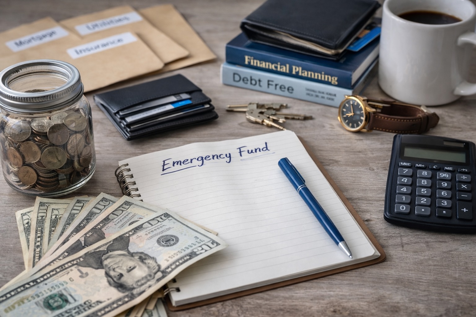 Personal finance notebook and cash envelope