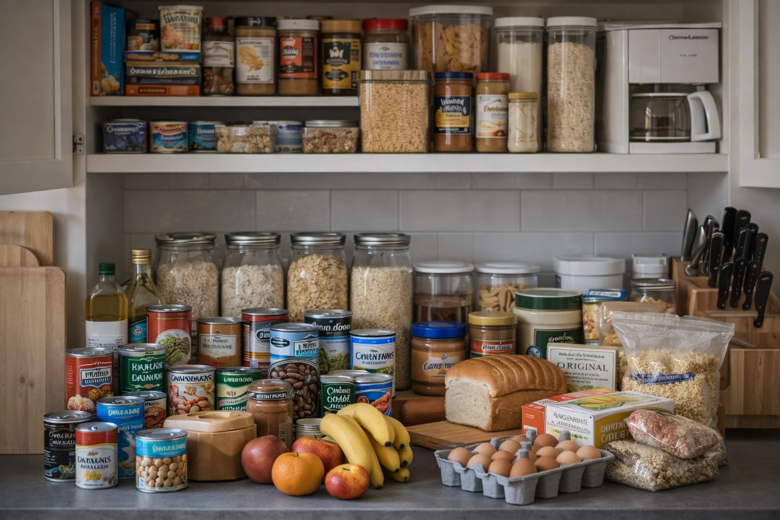 Organized pantry with shelf-stable foods