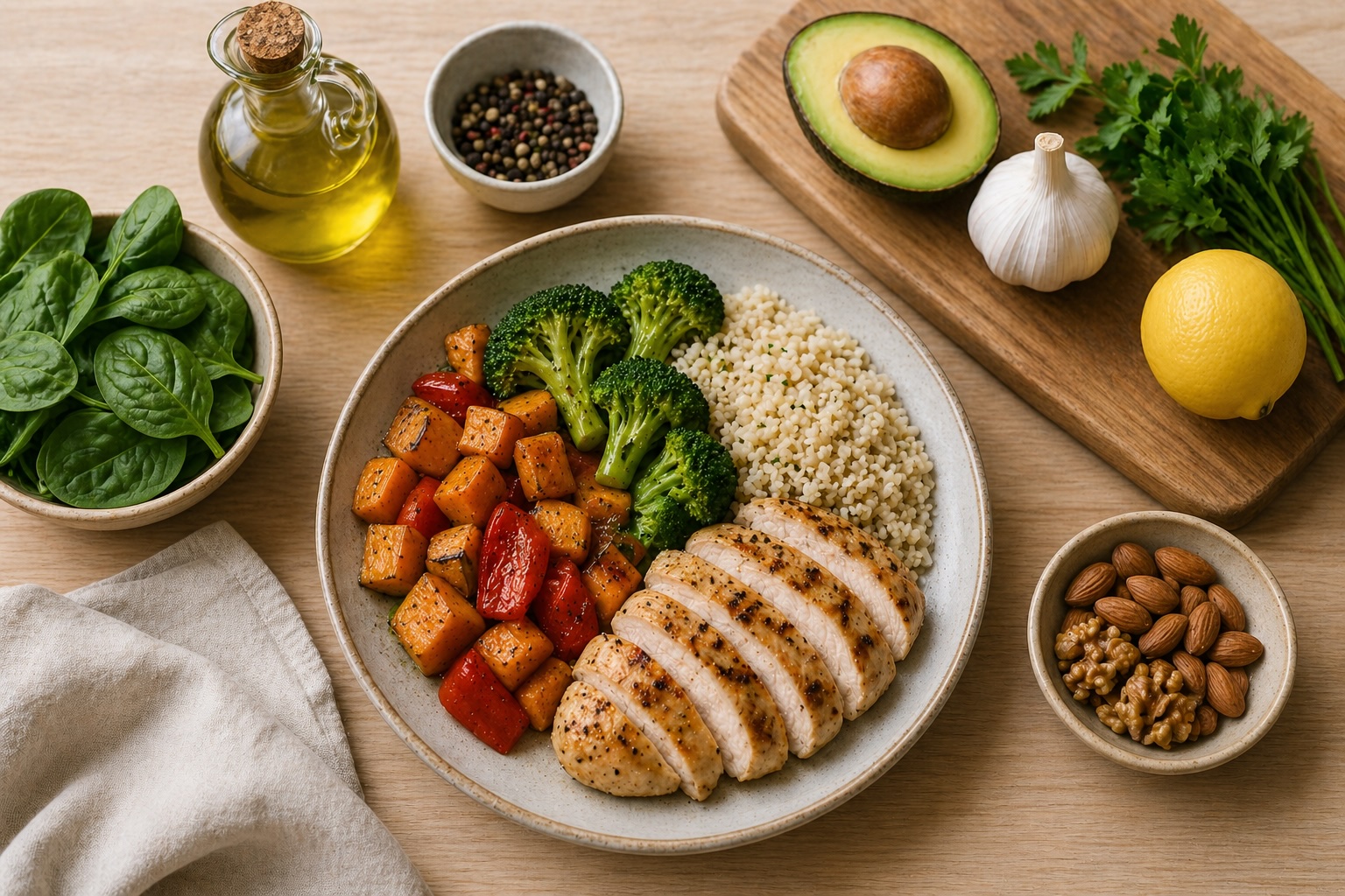 Simple whole-food meal ingredients arranged on a calm kitchen counter