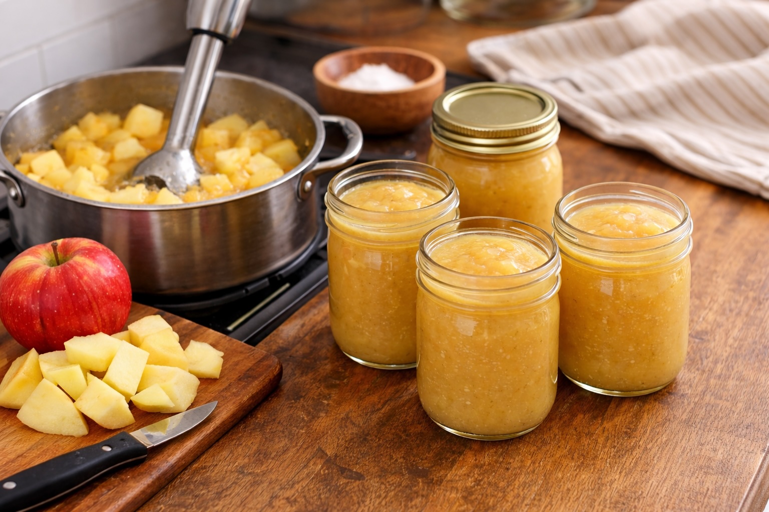 Homemade applesauce in a glass jar with sliced apples on a kitchen counter