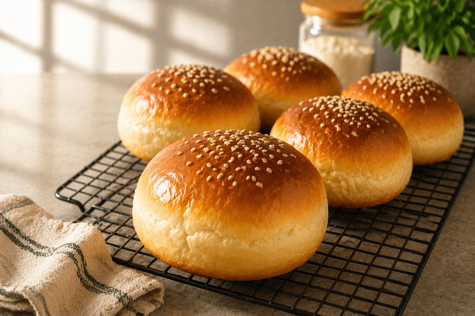 Homemade burger buns on a kitchen counter