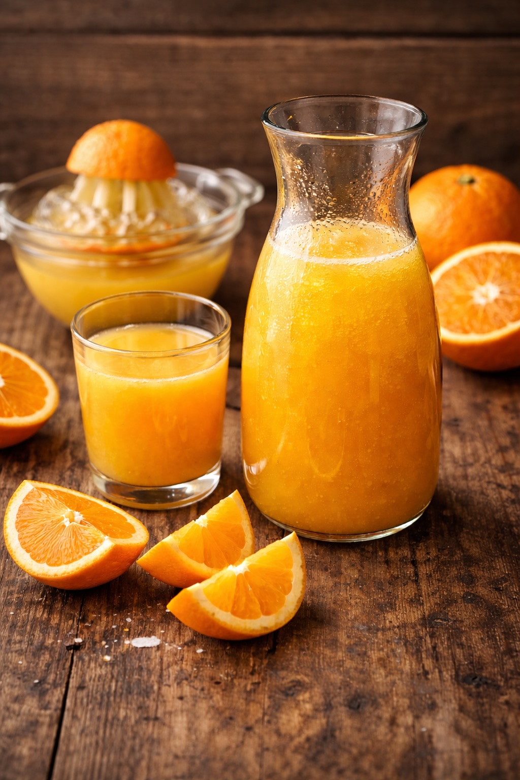 Fresh squeezed orange juice with glass hand juicer